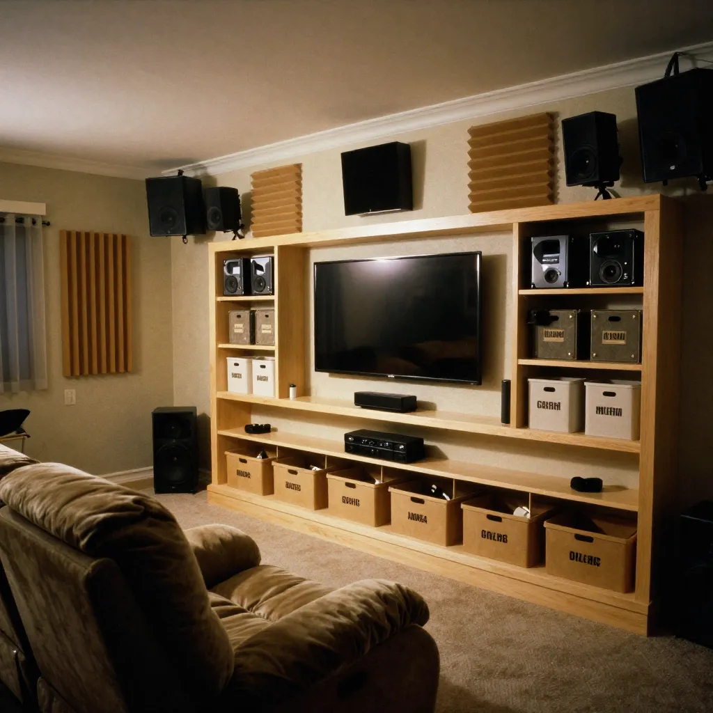 Modern home cinema room with professional lighting